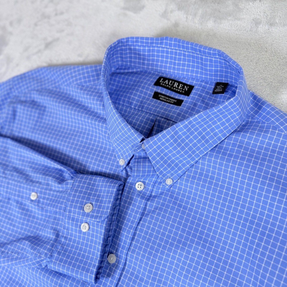 Lauren Ralph Lauren Button Down Shirt Mens 3XL Blue‎ Check Stretch Regular Fit